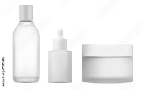 Lotion bottle, cream jar. Beauty cosmetic package design. Realistic serum container blank. Body skin moisturizer gel jar, clear small pack for branding. Set of cosmetics product
