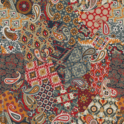 Paisley arabesque damask fabric patchwork vintage vector seamless pattern