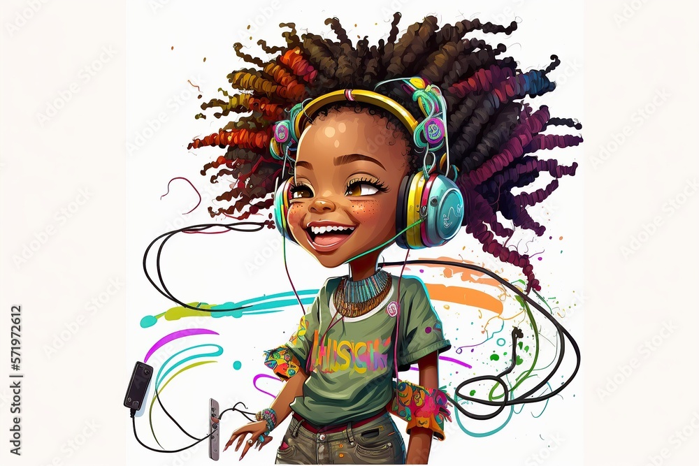 Fototapeta premium smiling African American little girl with headphone, digital illustration, stickers,isolated 