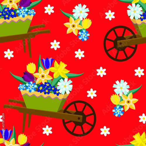Vector - wheelbarrow with flowers seamless pattern.