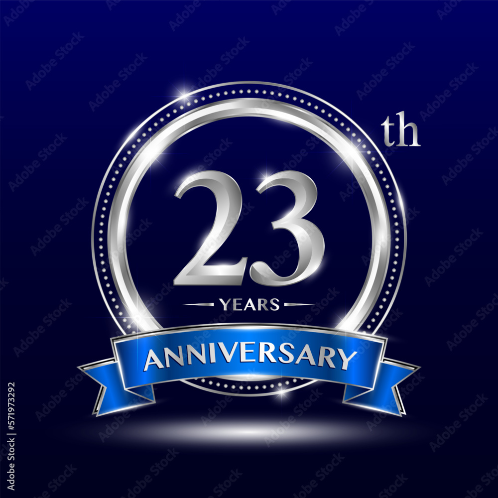 23th Anniversary logo with retro style, silver color ring design and blue ribbon for anniversary celebration event. Logo Vector Template 23th Anniversary logo with retro style, silver color ring design and blue ribbon for anniversary celebration event. Logo Vector Template