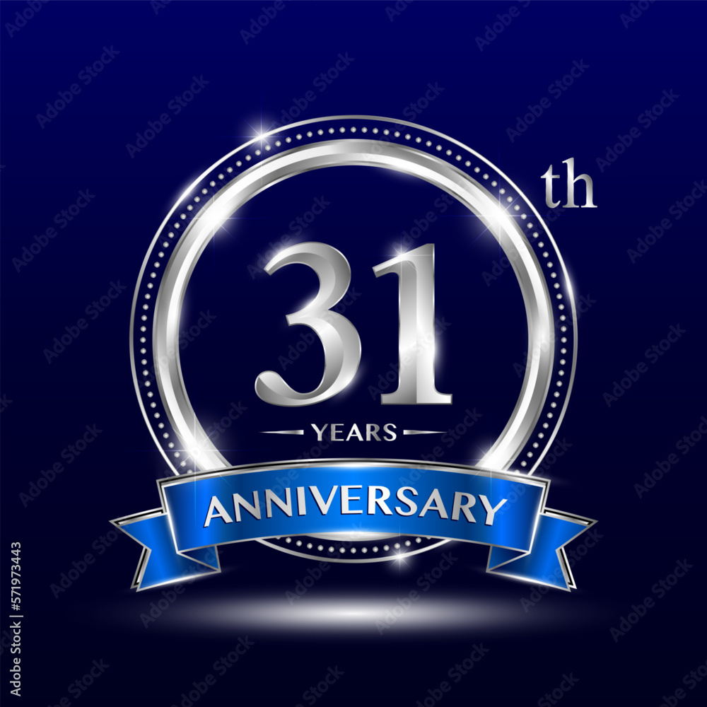 31th Anniversary logo with retro style, silver color ring design and blue ribbon for anniversary celebration event. Logo Vector Template 31th Anniversary logo with retro style, silver color ring design and blue ribbon for anniversary celebration event. Logo Vector Template