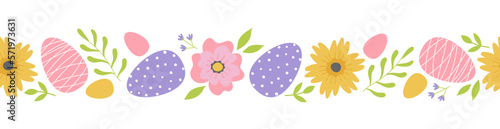 Seamless border with branches, flowers and easter eggs. Template for greeting card, invitation, poster, print