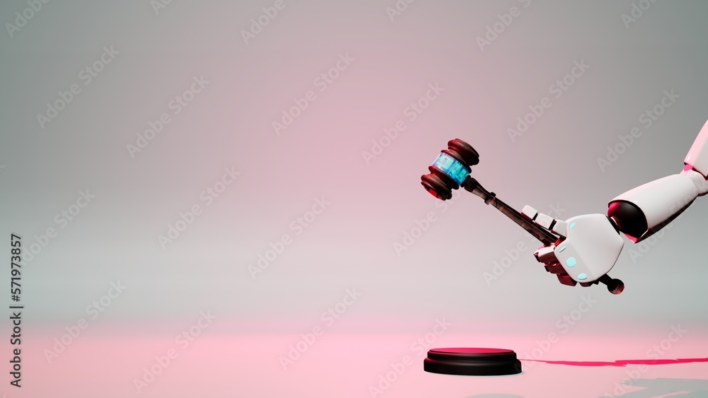 3d illustration of a judicial hammer held by the hand of an artificial  intelligence robot. Question is, is it a good or wrong idea. A new system  of assessing justice Stock Illustration