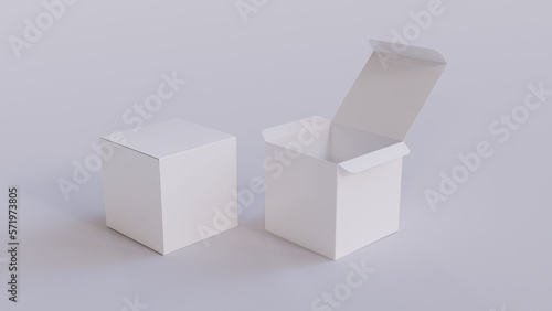 Square packaging box. Isolated Cardboard packaging. 3D illustration of the box. opened and closed white box on white background  