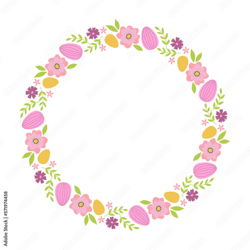 Colorful frame with flowers, leaves and easter eggs. Design element for greeting card, invitation, poster, social media 
