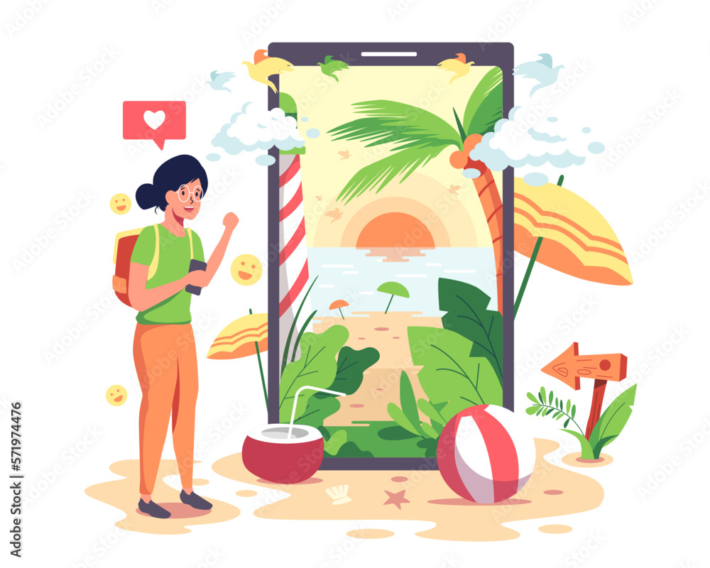 Fototapeta premium Girls go to the Internet to find and book beachside accommodations with their mobile phones.