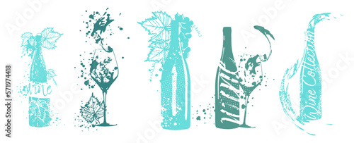 Collection of wine glasses and bottles - Wine Designs. Sketch vector illustration. Hand drawn elements for invitation cards, advertising banner and menu cards. Wine glasses with splashing wine.