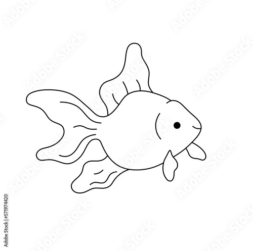 Vector isolated one single cute swimming floating golden aquarium fish with fins and tail colorless black and white contour line easy drawing