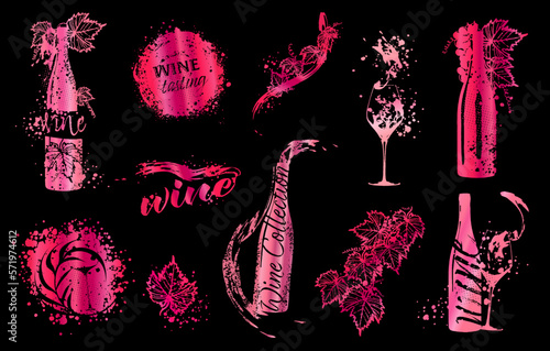 Collection of wine glasses and bottles - Wine Designs. Sketch vector illustration. Hand drawn elements for invitation cards, advertising banner and menu cards. Wine glasses with splashing wine.