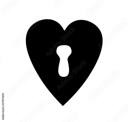 Vector isolated stylized heart shape lock with key hole colorless black and white outline silhouette shadow shape