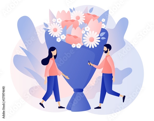 Florist concept. Floral shop. Tiny people with big flower bouquet. Floristic business. Flower delivery. Modern flat cartoon style. Vector illustration on white background