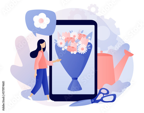 Florist concept. Floral shop online. Tiny woman orders flower bouquet in smartphone app. Floristic business. Flower delivery. Modern flat cartoon style. Vector illustration on white background