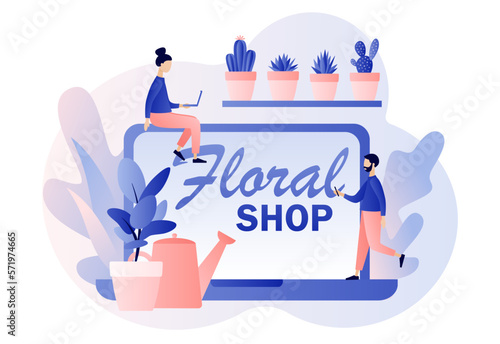 Florist concept. Floral shop online. Tiny people orders flower pots in web site. Floristic business. Flower delivery. Modern flat cartoon style. Vector illustration on white background