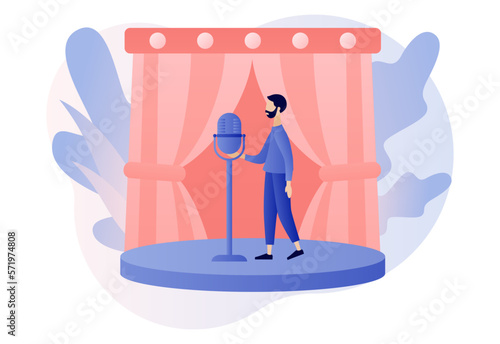 Stand Up comedy show. Open mic. Comedian on stage. Comic with microphone joking. Invitation to Comedy concert. Modern flat cartoon style. Vector illustration on white background