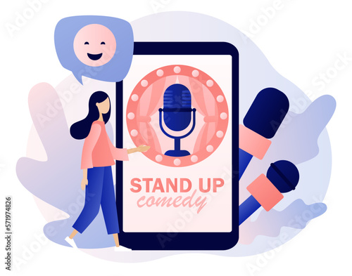 Stand Up comedy show. Open mic. Invitation to Comedy concert in smartphone app. Modern flat cartoon style. Vector illustration on white background
