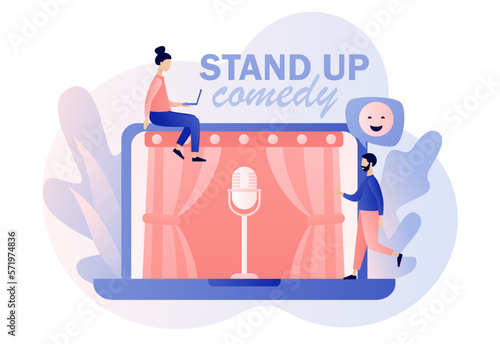 Stand Up comedy show online. Open mic. Invitation to Comedy concert. Modern flat cartoon style. Vector illustration on white background

