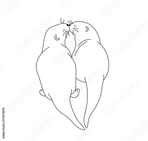 Vector isolated two pair kissing otters back view colorless black and white contour line easy drawing
