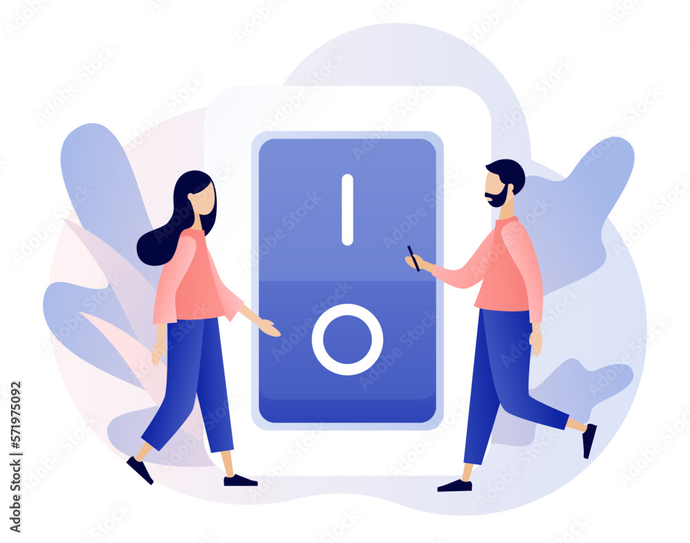 On Off button concept. Characters turning off and turning on devices ...