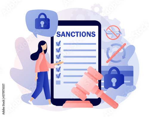 Economic sanctions on smartphone screen. Protect International law. Country peace and security. Political concept. Limit, ban or stop trading. Modern flat cartoon style. Vector illustration 