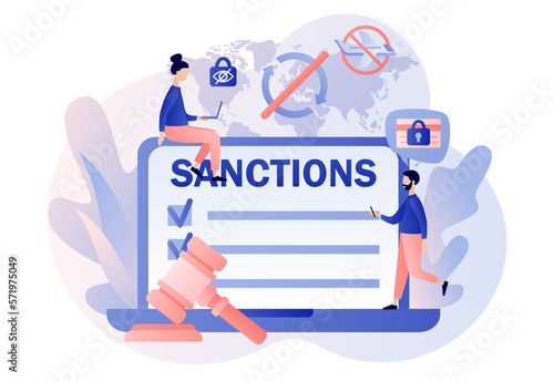 Economic sanctions on laptop screen. Protect International law. Country peace and security. Political concept. Limit, ban or stop trading. Modern flat cartoon style. Vector illustration 