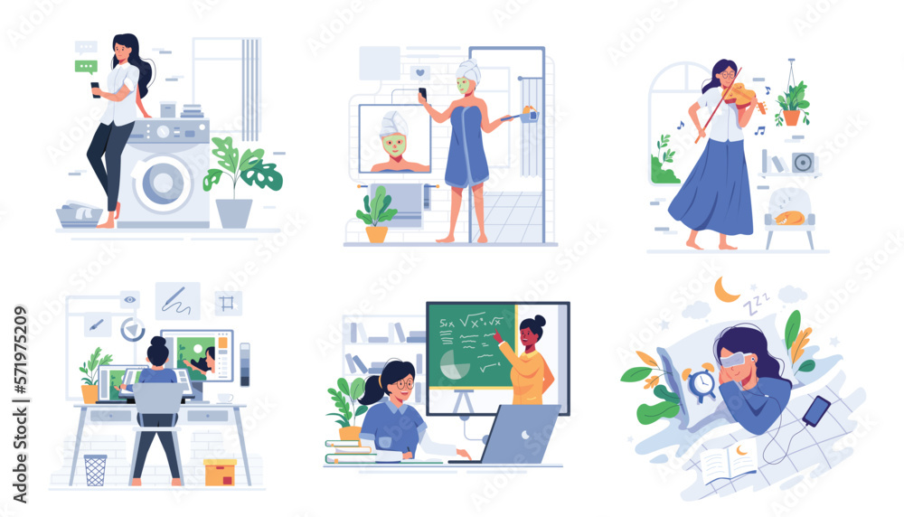 bundle with lifestyle of people at home cartoon vector