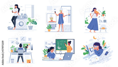 bundle with lifestyle of people at home cartoon vector