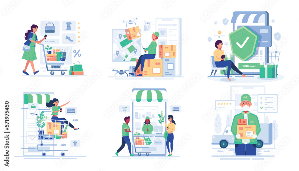 bundle people enjoy shopping in cartoon character vector bundle people enjoy shopping in cartoon character vector