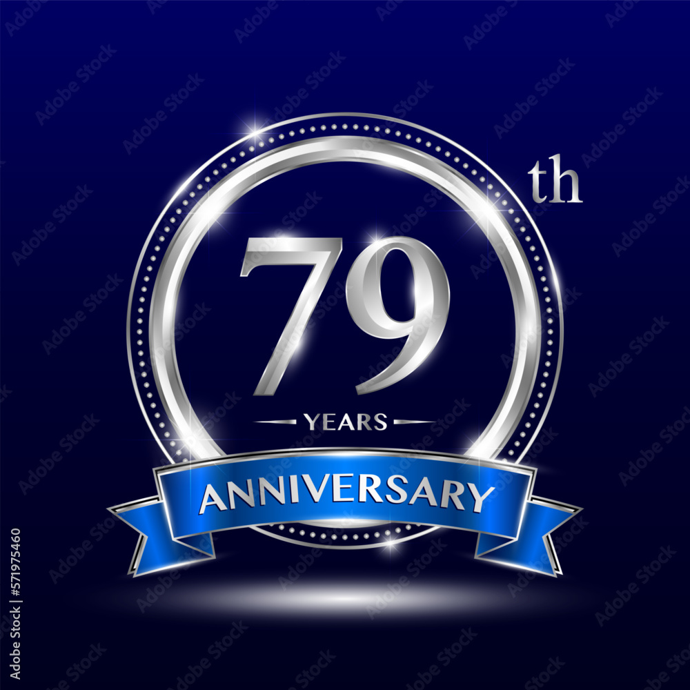 79th Anniversary logo with retro style, silver color ring design and blue ribbon for anniversary celebration event. Logo Vector Template 79th Anniversary logo with retro style, silver color ring design and blue ribbon for anniversary celebration event. Logo Vector Template