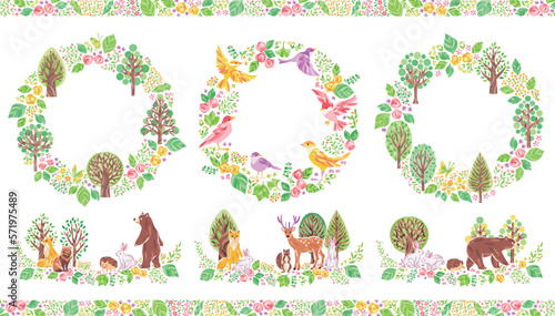 緑の森・小鳥・動物のイラストフレームセット②