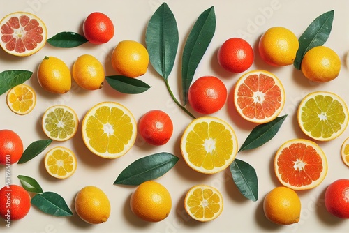 many different fresh citrus fruits on white crumpled paper background