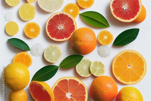 many different fresh citrus fruits on white crumpled paper background