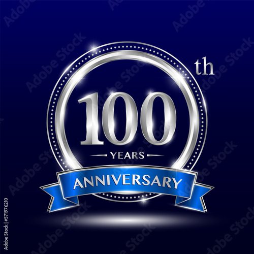 100th Anniversary logo with retro style, silver color ring design and blue ribbon for anniversary celebration event. Logo Vector Template