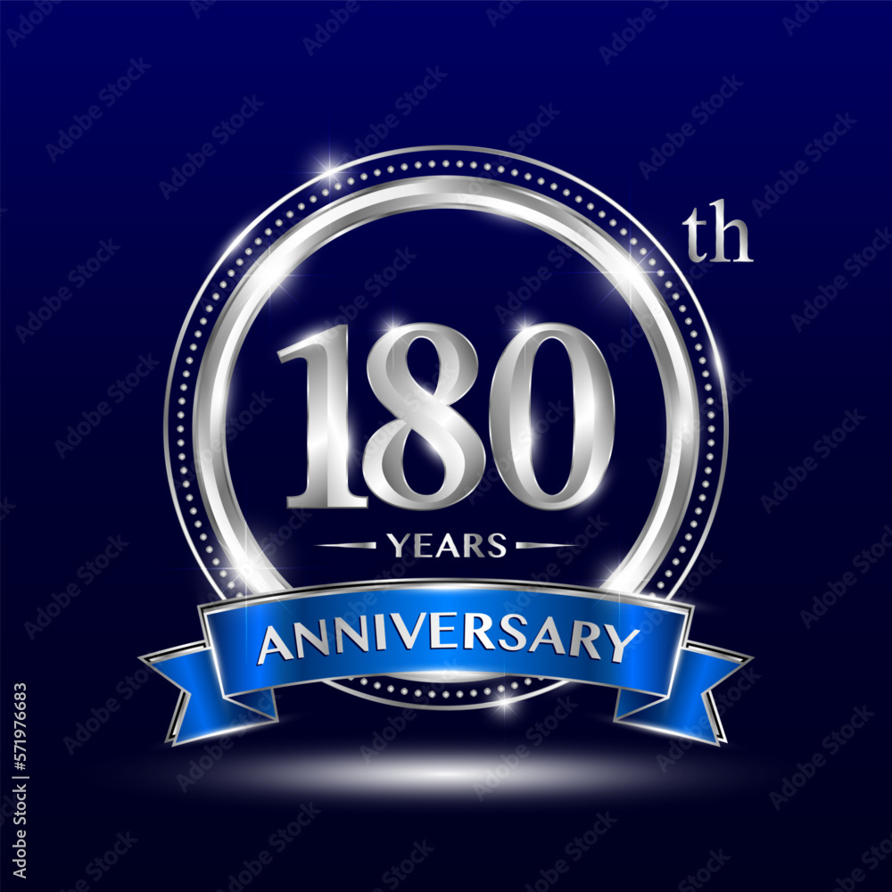 180th Anniversary logo with retro style, silver color ring design and blue ribbon for anniversary celebration event. Logo Vector Template 180th Anniversary logo with retro style, silver color ring design and blue ribbon for anniversary celebration event. Logo Vector Template
