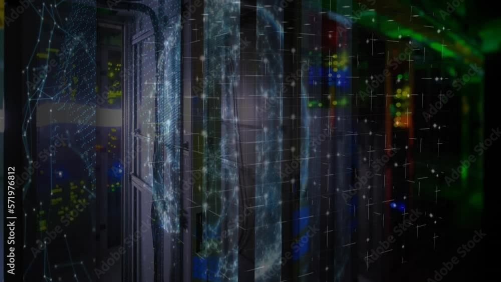 Animation of shapes moving and globe over server room Animation of shapes moving and globe over server room
