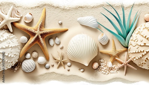 Summer travel background from beach sand with starfish and seashell. Top view. © Diego