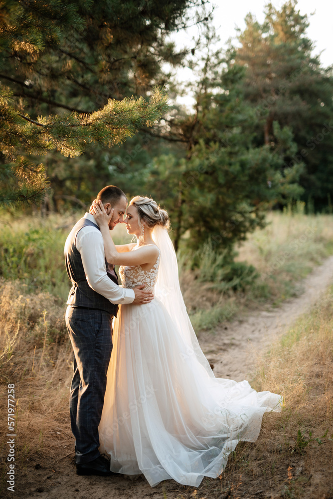 the groom and the bride are walking in the forest