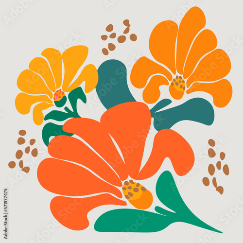  Floral botanic abstract flower art set trendy  retro 60s 70s style.Matisse minimal style Floral botanic vector illustration in pink  yellow  orange colors.