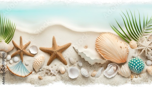 Summer travel background from beach sand with starfish and seashell. Top view. © Diego