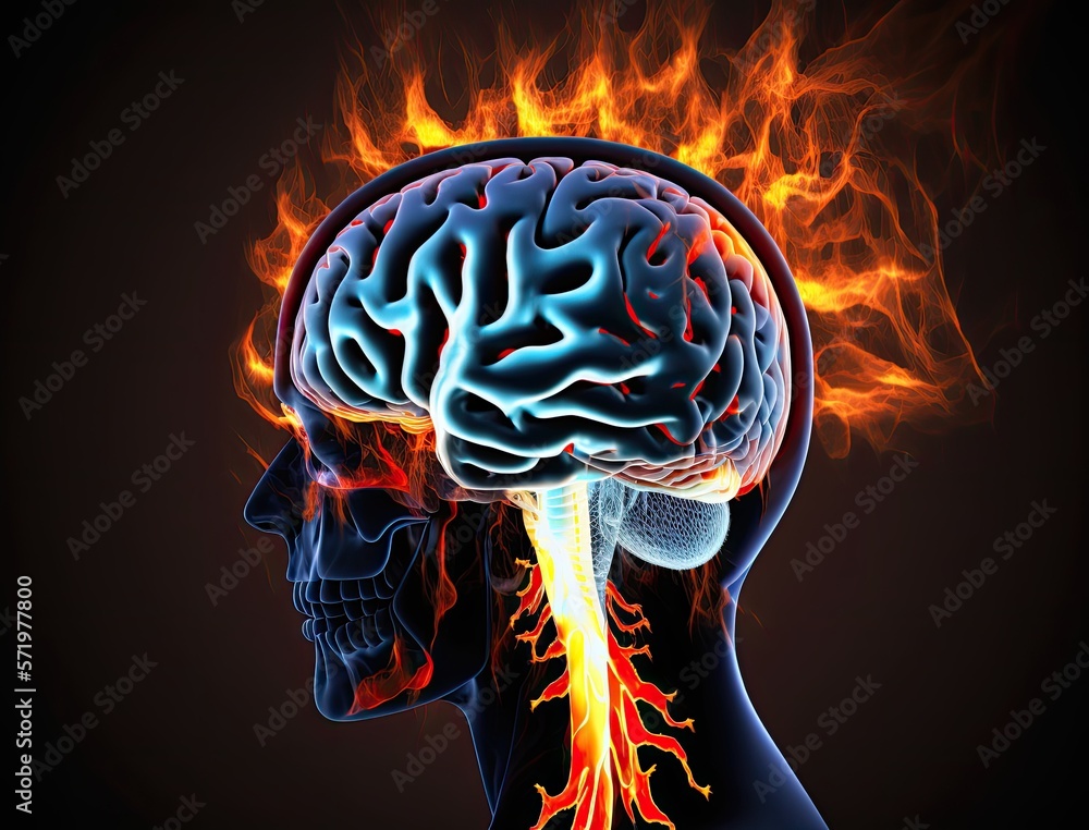Human brain burning head headache illustration, strong bursting pain in