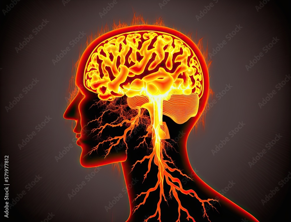 Human brain burning head headache illustration, strong bursting pain in