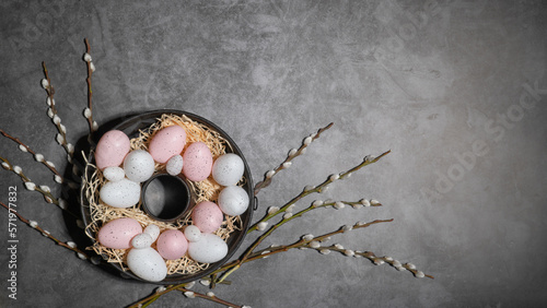 Photography HAPPY EASTER holiday celebration backgroud greeting card - Easter nests with pin