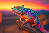Ilustración de un camaleón de muchos colores subido a una rama en un atardecer. Genereative AI