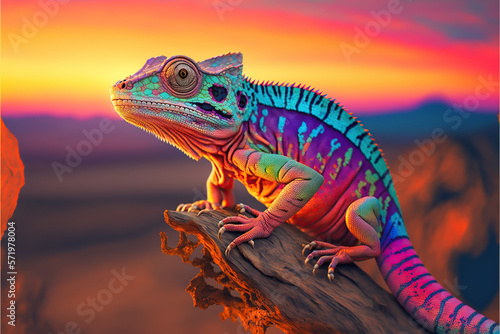 Ilustración de un camaleón de muchos colores subido a una rama en un atardecer. Genereative AI © Enrique Micaelo 