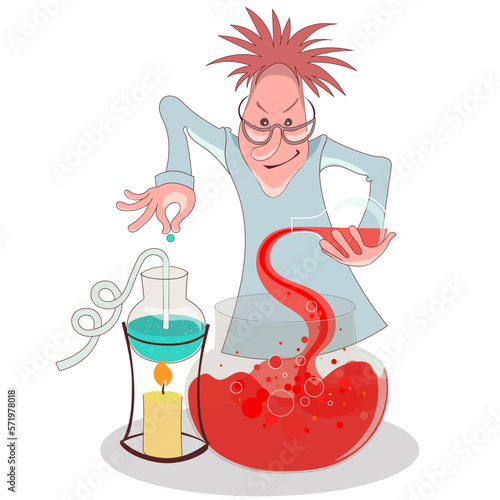Stereotypic bushy haired mad professor in lab coat holding chemical flask, cartoon illustration. Alchemy. Crazy comic scientist, mad professor, chemist, doctor