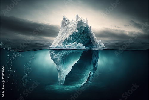 Ilustración de un iceberg en medio del océano, sita de la superficie y de la parte que está sumergida, Genereative AI 