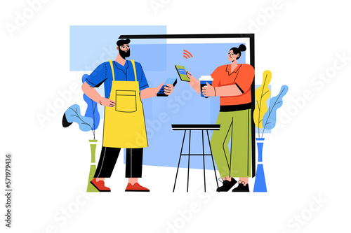 Pay pal color concept with people scene in the flat cartoon design. Woman pays for coffee in a cafe using online banking.