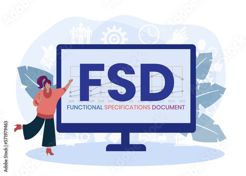 FSD - Functional Specifications Document acronym. business concept background. vector illustration concept with keywords and icons. lettering illustration with icons for web banner, flyer