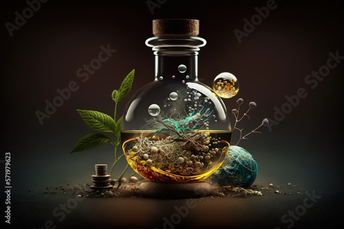 fruits and flowers mixed in a potion to create homeopathic remedies. Ai generated photo