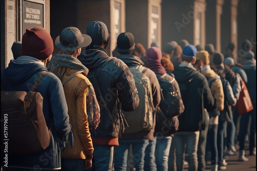 Line of people waiting their turn to receive help, poor marginal group, in a big city. Ai generated